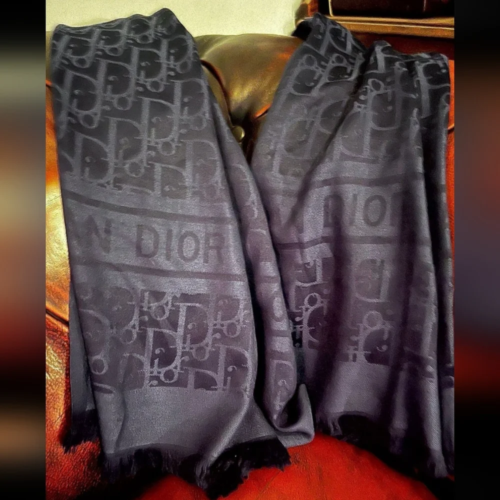 Christian Dior Jacquard Woven Oblique Monogram Scarf Navy Blue Tone-on-tone Wool